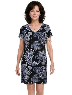 Carole Hochman Navy Blue & White Paisley Short Sleeve V-Neck Lounge Dress Size M